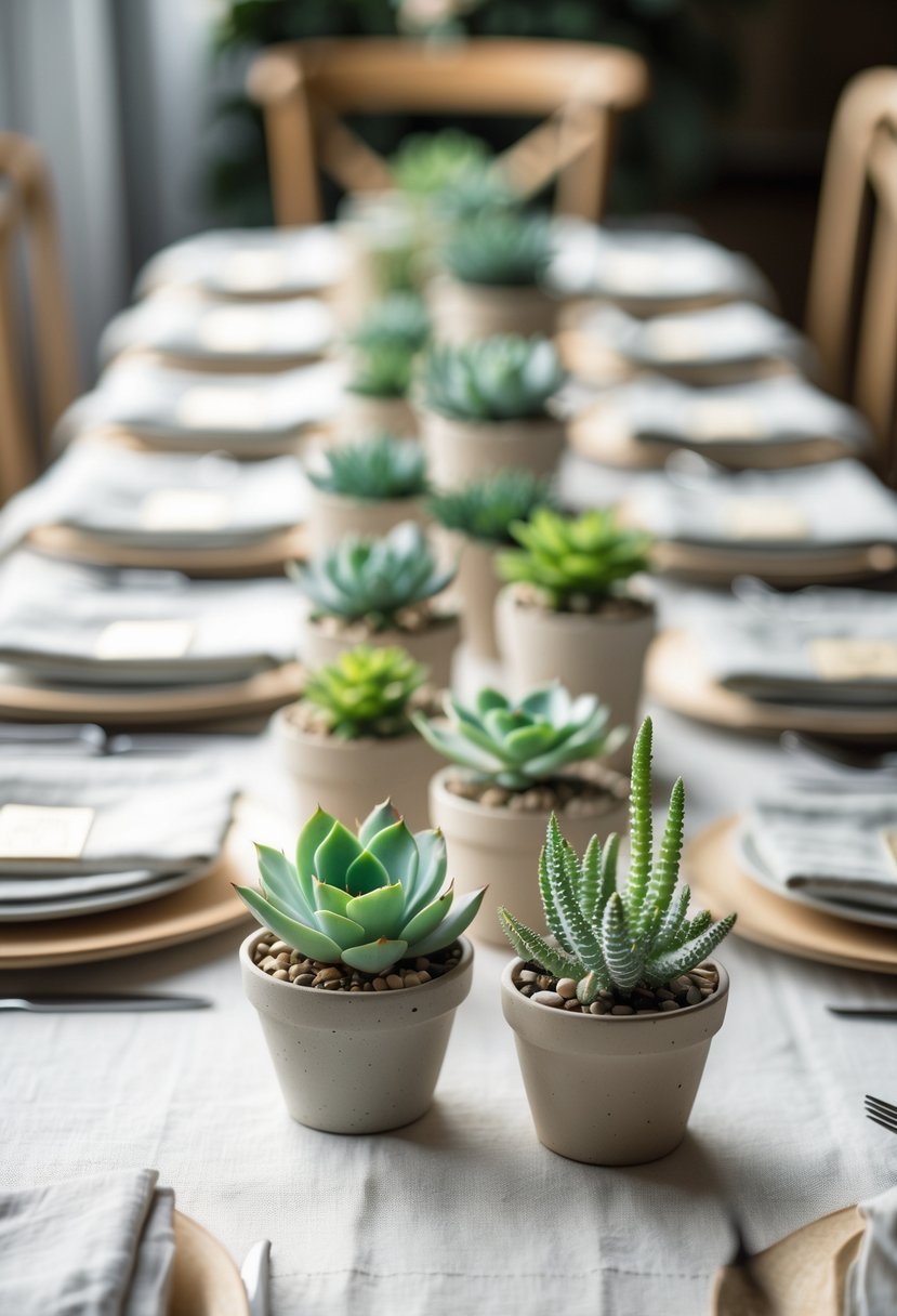 Small succulent plants in pots arranged on a dining table as take-home favors.