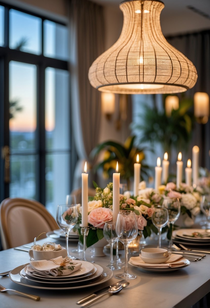 A dining table set with plates, glasses, flowers, and candles under a large pendant light.