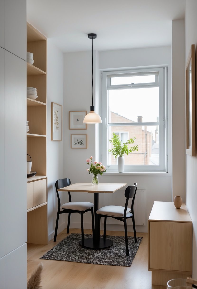 A small dining room with a compact table for four near a window, wooden floor, built-in shelves, and simple decor.