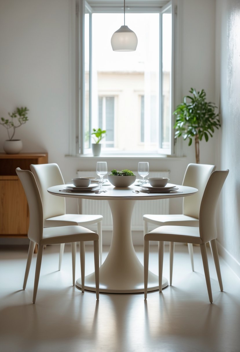 A small dining room with a round pedestal table and four chairs, showing clear floor space and an open pathway around the table.
