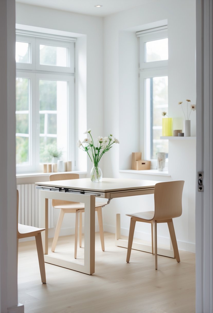 A small dining room with a foldable extendable table partially opened, surrounded by chairs and lit by natural light from large windows.