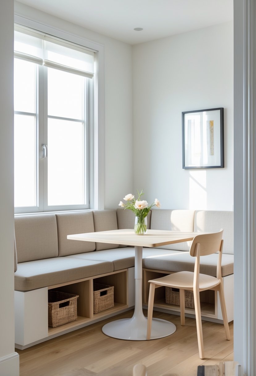 Small dining room with built-in banquette seating that has storage underneath and a compact dining table.