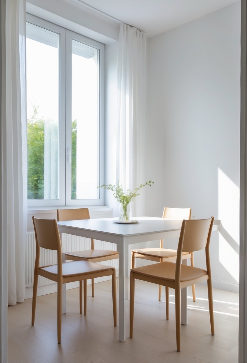 A small dining room with a table and slim chairs tucked neatly underneath, illuminated by natural light.