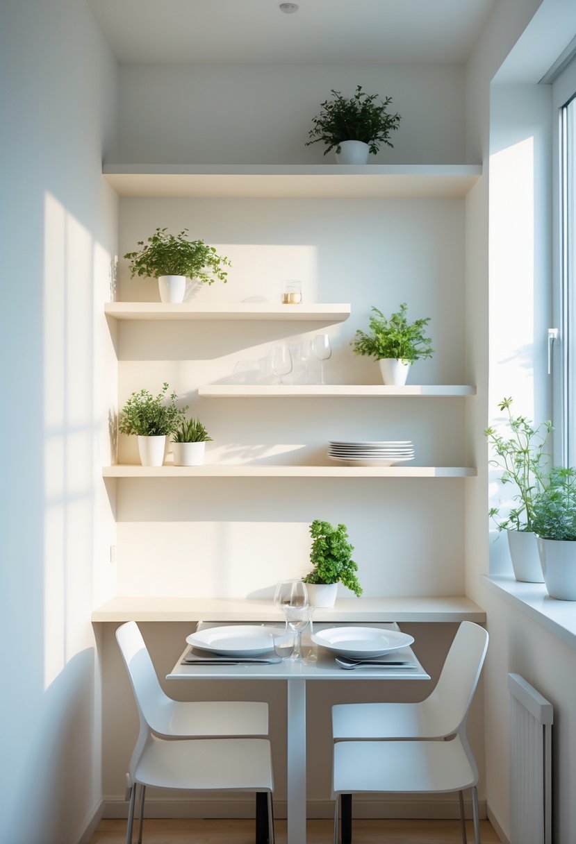 Small dining room with floating shelves above a compact dining table, holding decorative items and plants.