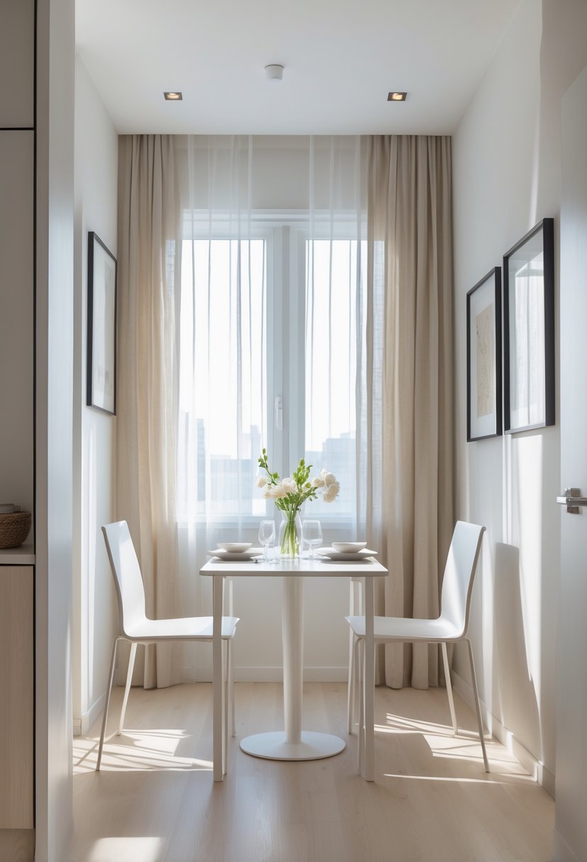 A small dining room with a compact table and chairs, bright natural light, and light-colored walls and flooring.