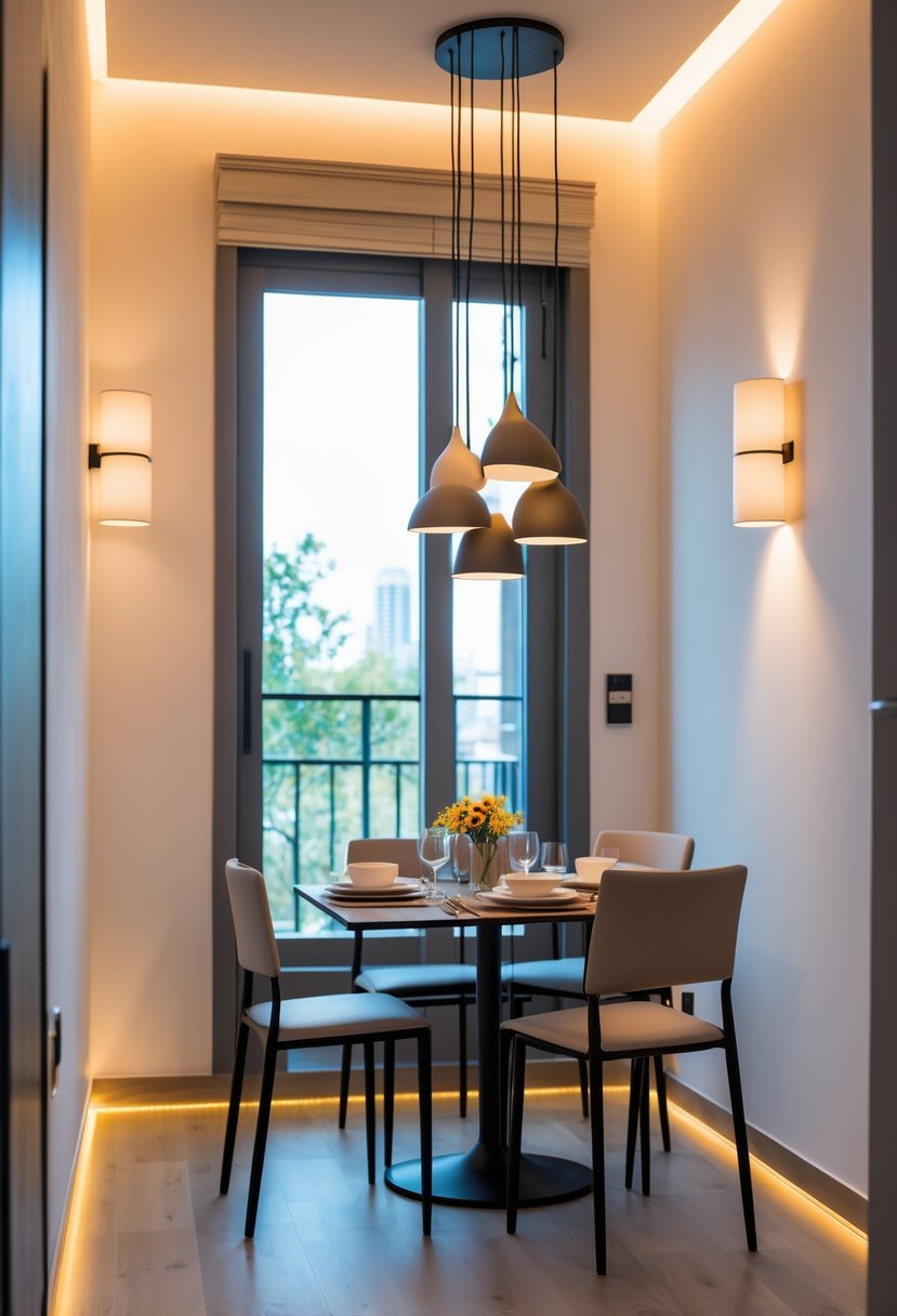 Small dining room with a compact table and chairs illuminated by pendant and wall lights.