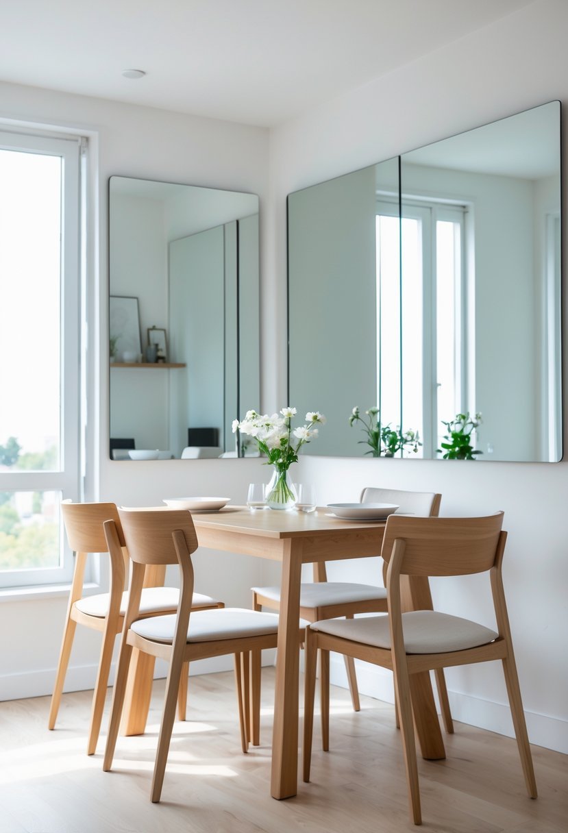 Small dining room with a wooden table, chairs, and large wall mirrors reflecting natural light to make the space appear larger.