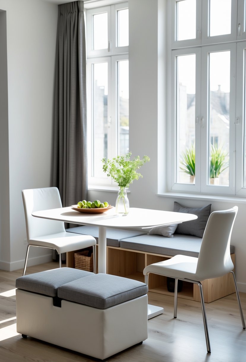 Small dining room with a compact table, storage ottoman, and bench used to maximize space.