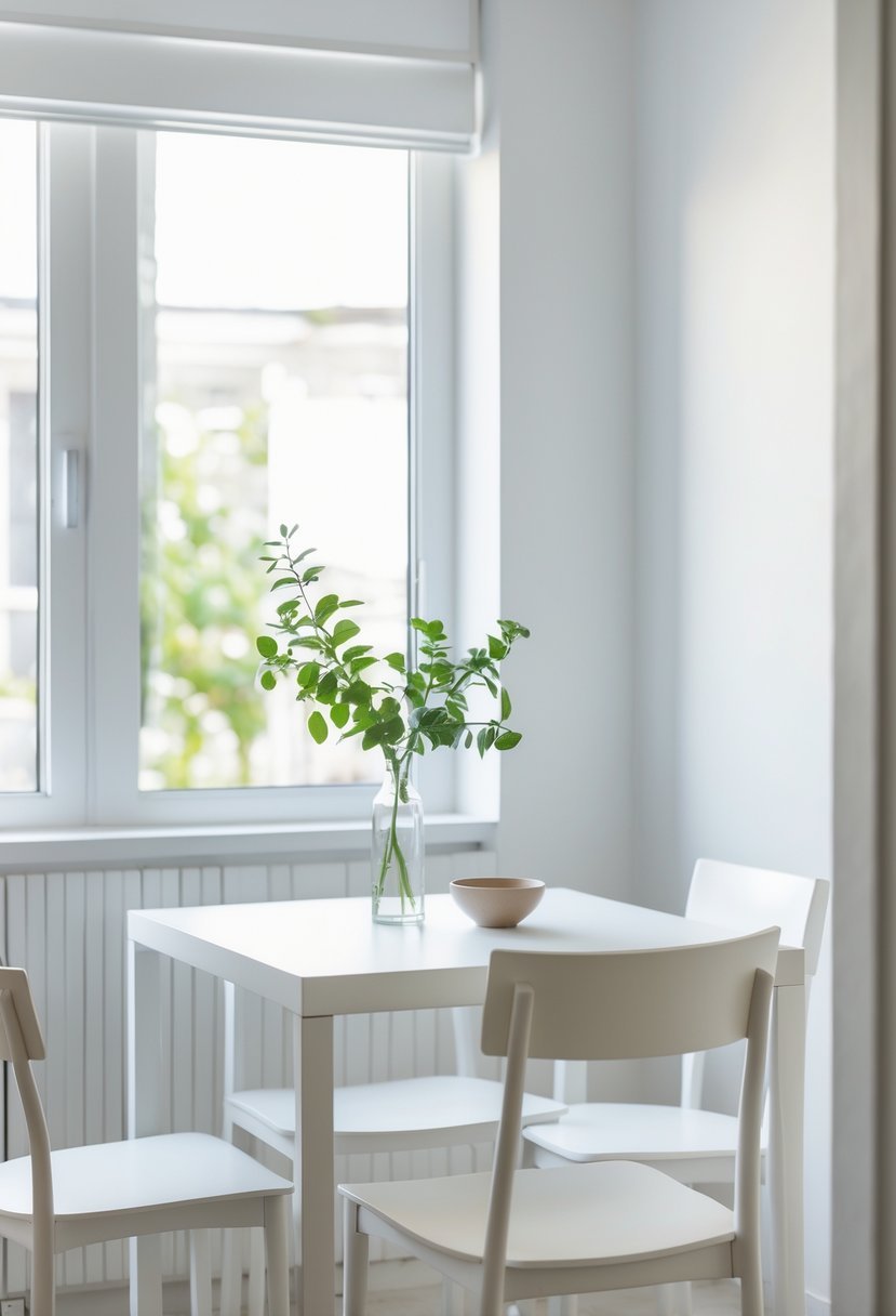 Small dining room with a clean table holding a simple vase and bowl, surrounded by compact furniture and natural light.