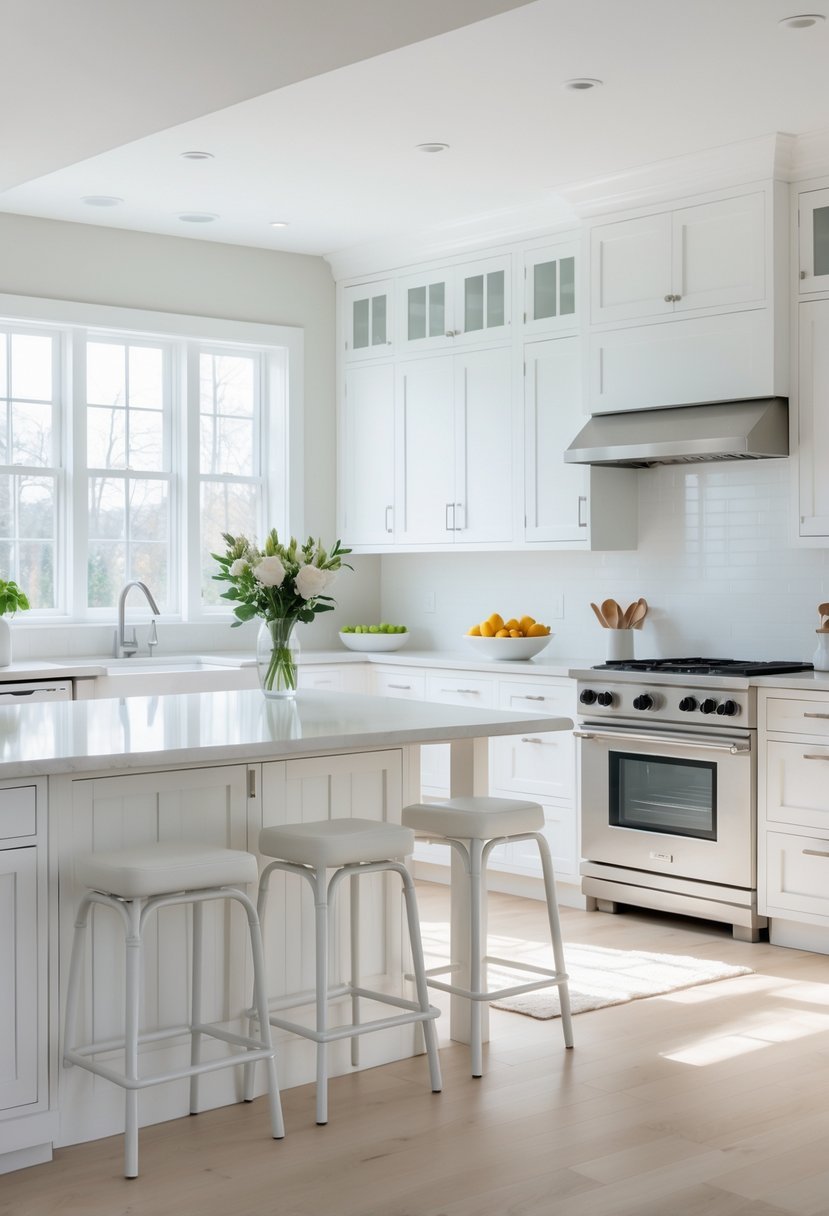 A bright kitchen with white cabinets, a large island, stainless steel appliances, and natural light coming through windows.