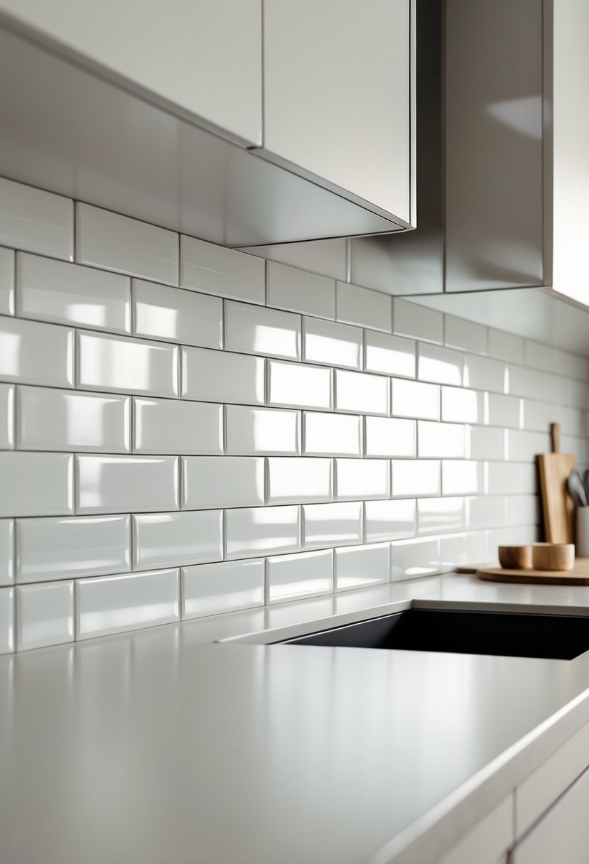 Close-up view of a white subway tile backsplash arranged in a brick pattern in a kitchen setting.