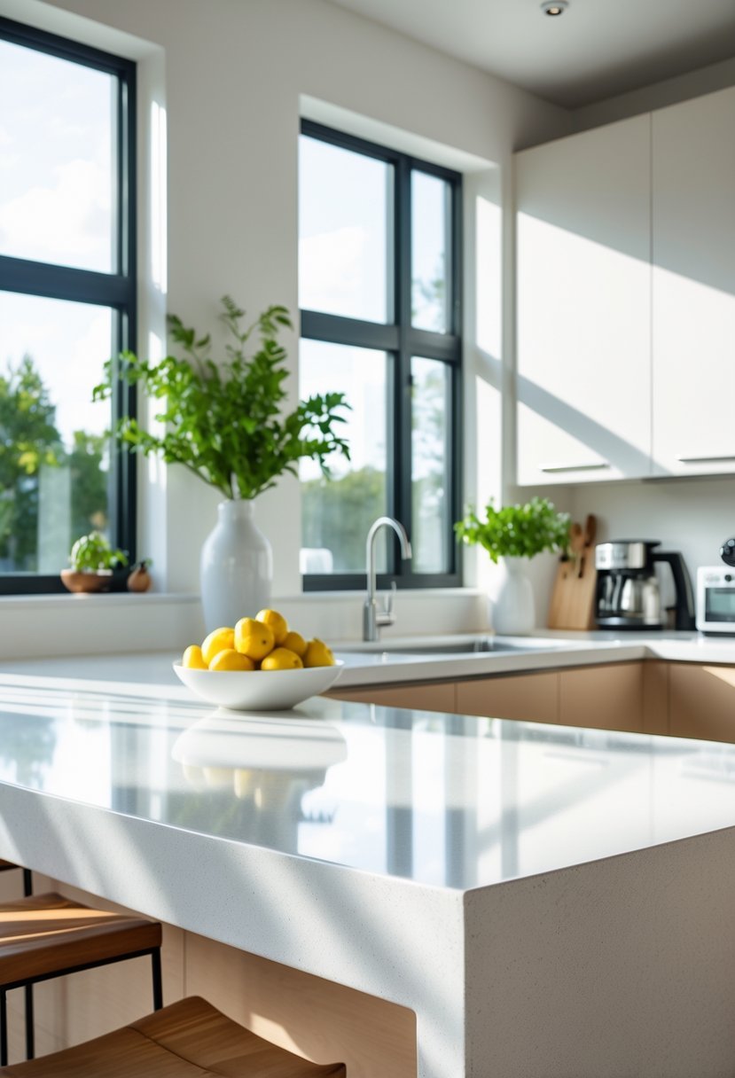 Bright kitchen with polished quartz countertops, cabinets, and natural light coming through windows.