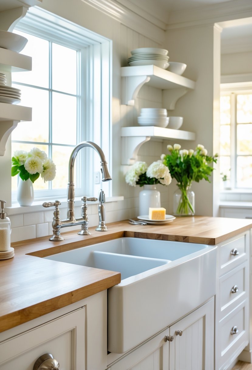 A bright kitchen with a large white apron-front sink, wooden countertop, and white cabinets, lit by natural light.