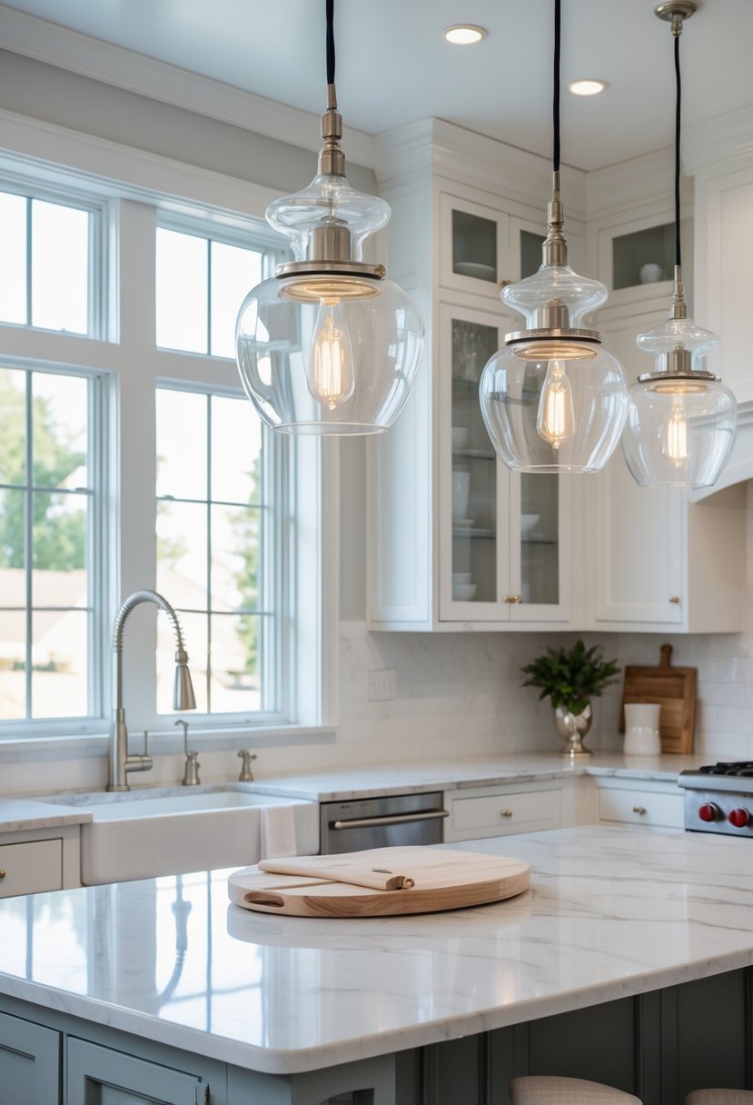 A bright kitchen with clear glass pendant lights hanging above a kitchen island, white cabinets, and large windows letting in natural light.