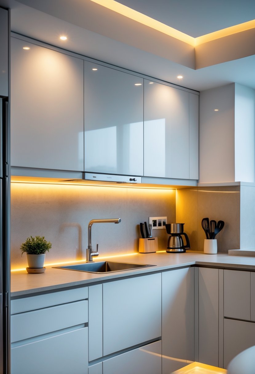A clean kitchen countertop illuminated by LED lights installed under the upper cabinets.