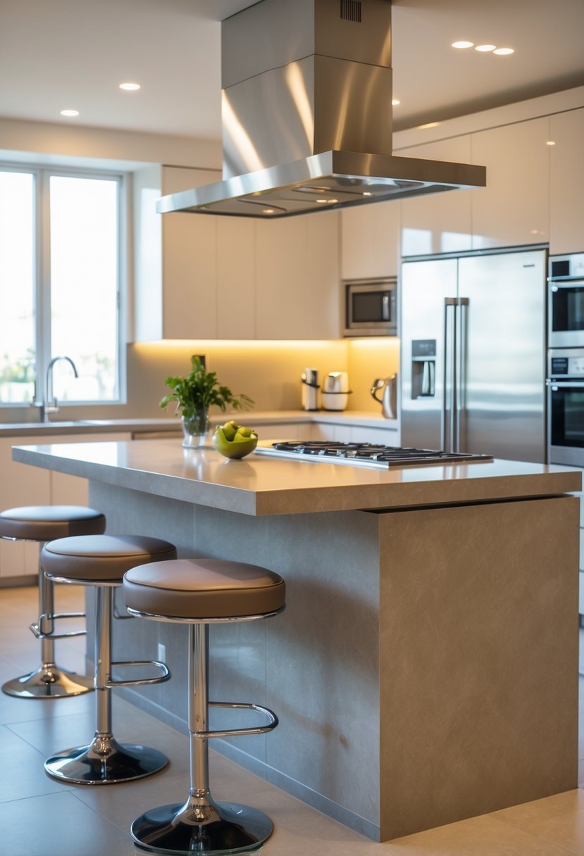 A kitchen island with bar stools in a bright and spacious kitchen.