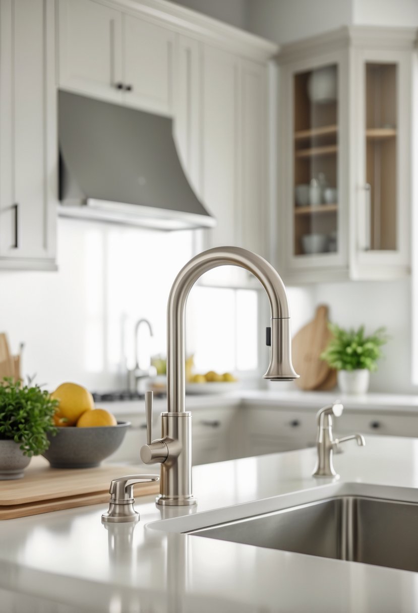 A modern kitchen with brushed nickel cabinet handles and faucet, light cabinetry, countertop with fruit bowl and plant, illuminated by natural light.
