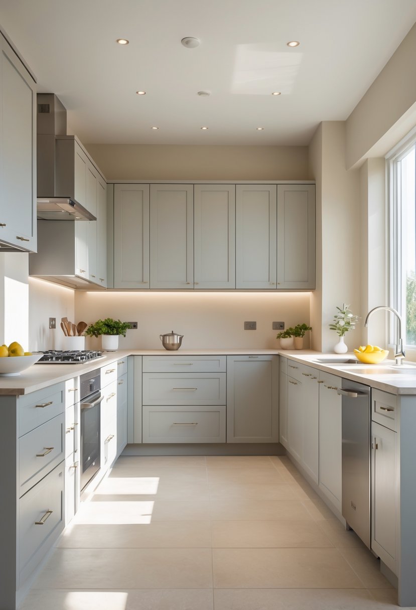 A bright kitchen with soft gray cabinets, beige walls, a kitchen island, stainless steel appliances, and natural light coming through large windows.