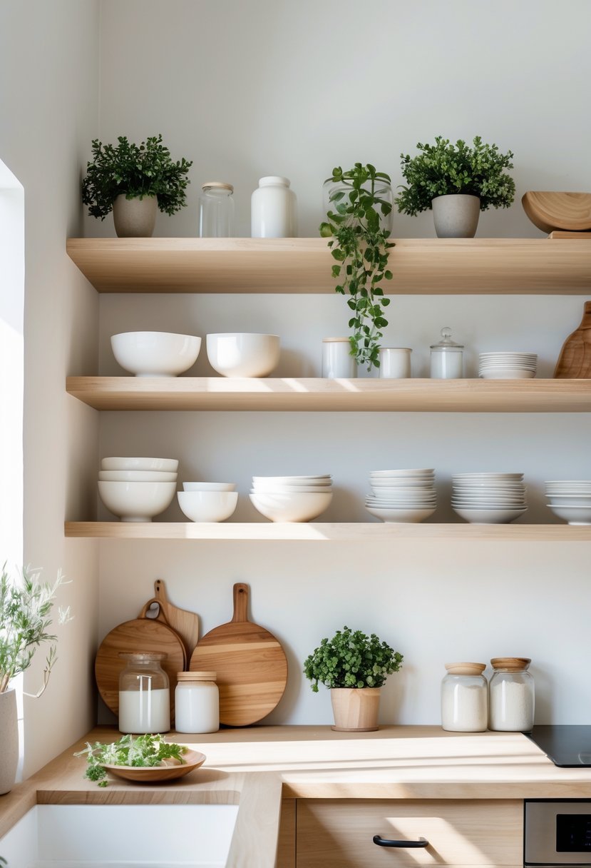A bright kitchen with open shelves holding bowls, jars, plants, and cutting boards above a wooden countertop.