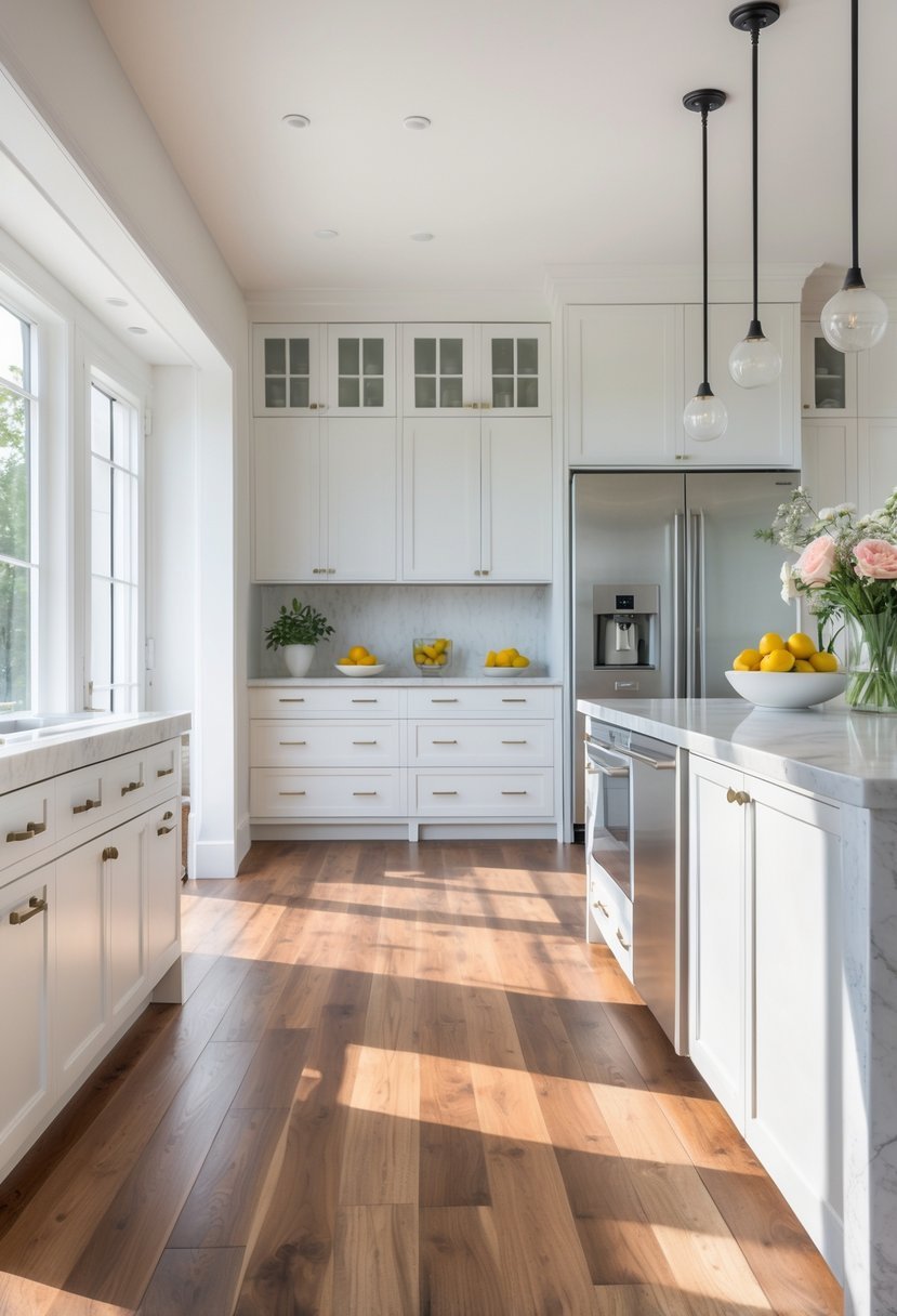 A bright kitchen with hardwood flooring, white cabinets, a kitchen island, and large windows letting in natural light.