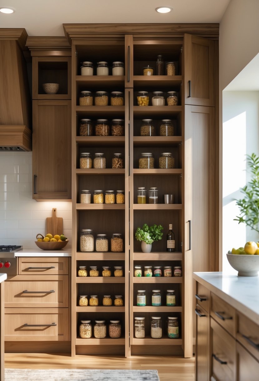 Built-in pantry with custom wooden cabinetry and organized shelves in a kitchen.