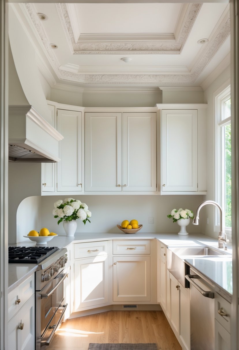 A bright kitchen interior highlighting detailed crown molding along the ceiling above cabinets and countertop.