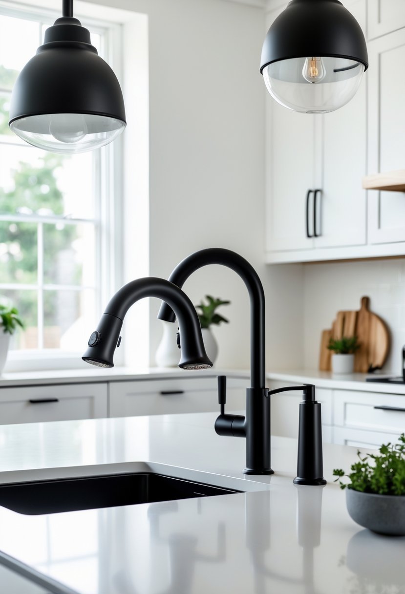 A bright kitchen with white cabinets and matte black fixtures including faucet and cabinet handles, illuminated by natural light.