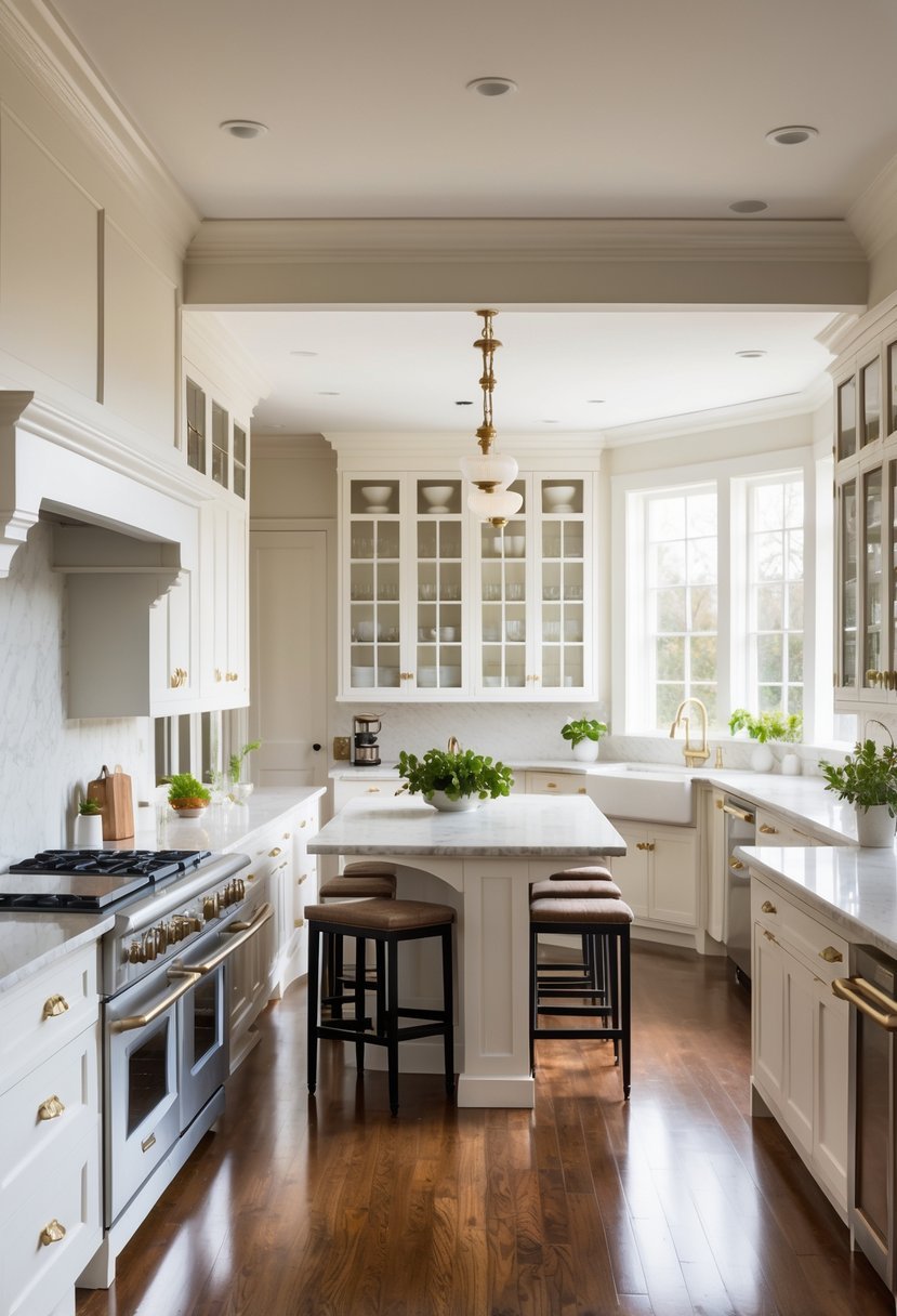 A bright, spacious kitchen with white cabinets, a large island, hardwood floors, and natural light coming through windows.