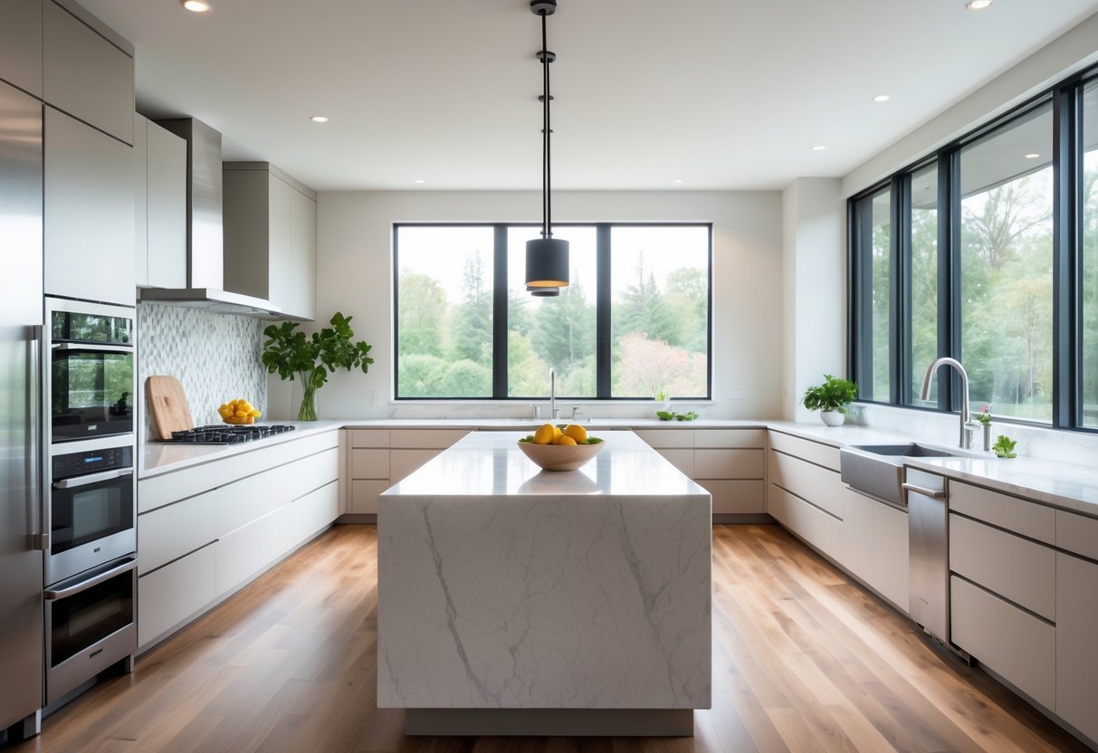 A bright modern kitchen with a central island, stainless steel appliances, and large windows letting in natural light.