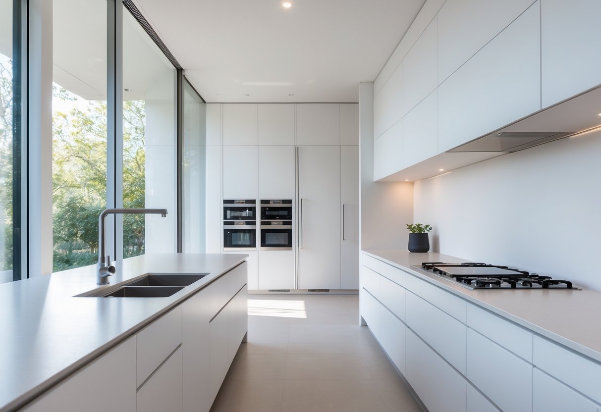 A bright kitchen with white cabinets and integrated handles, featuring a clean countertop and modern appliances.