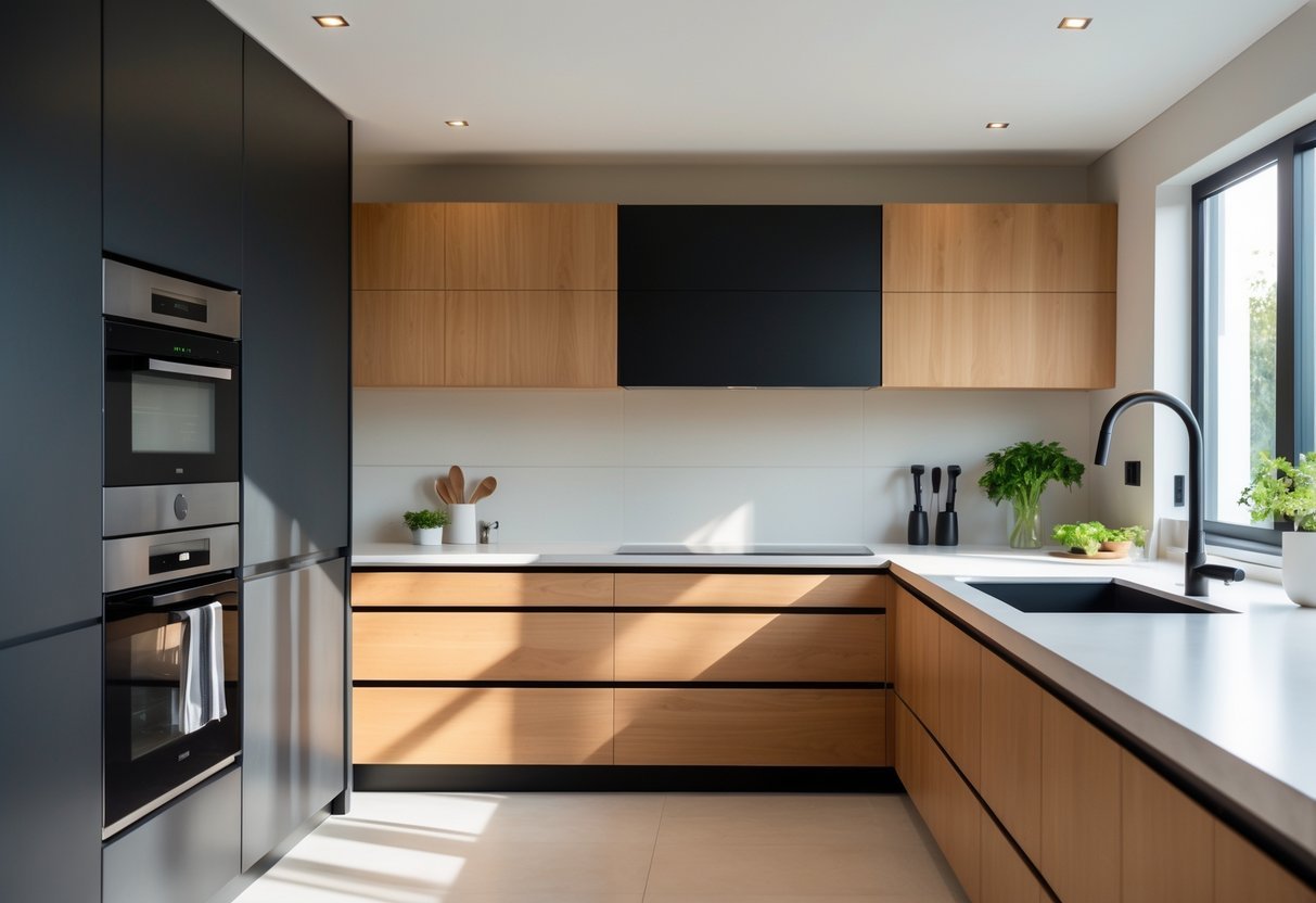 A modern kitchen with two-tone cabinets featuring matte black upper cabinets and natural wood lower cabinets, a white countertop, and kitchen appliances.