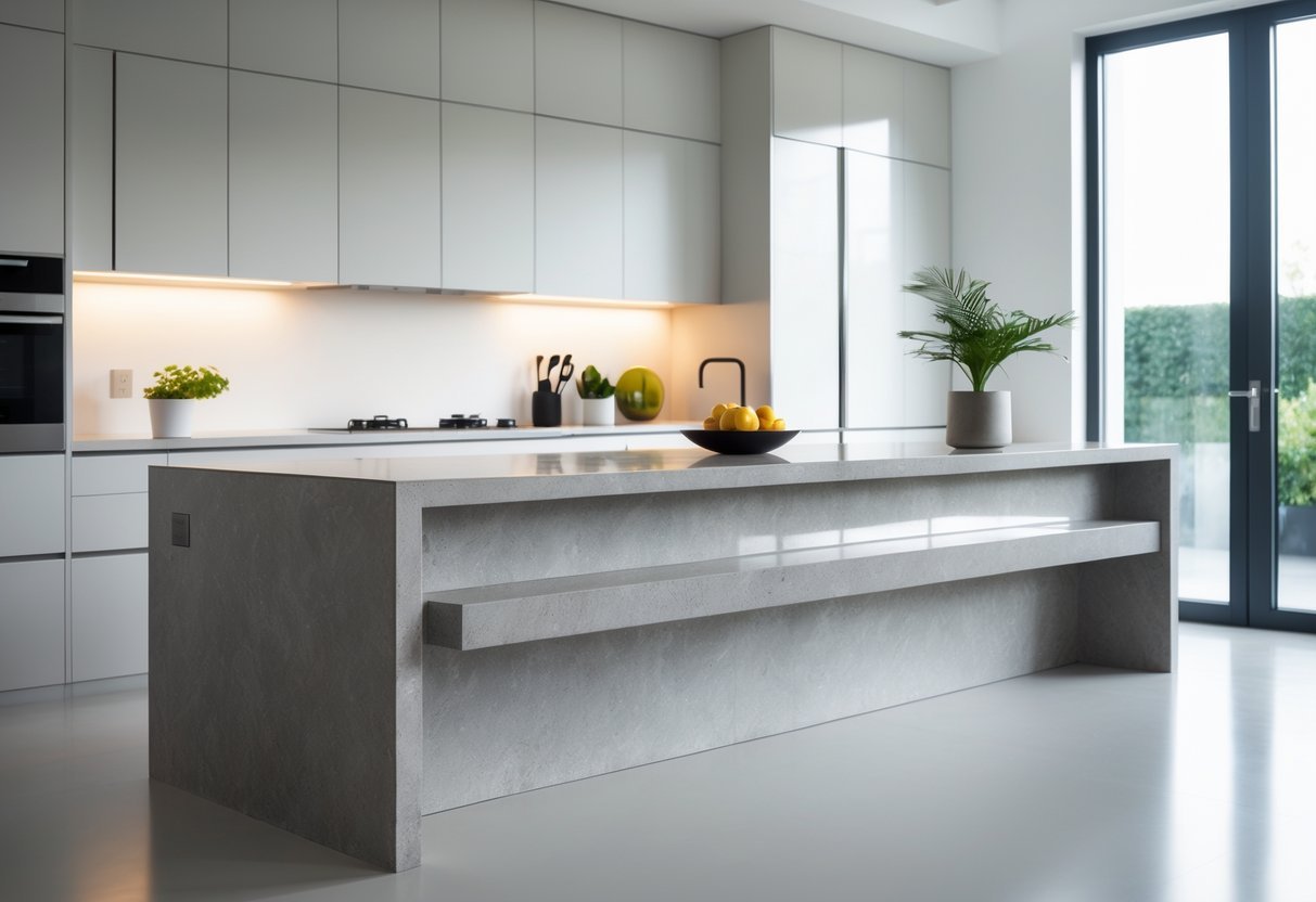 A modern kitchen with a large island featuring a waterfall edge countertop, surrounded by cabinets and appliances with natural light coming through windows.