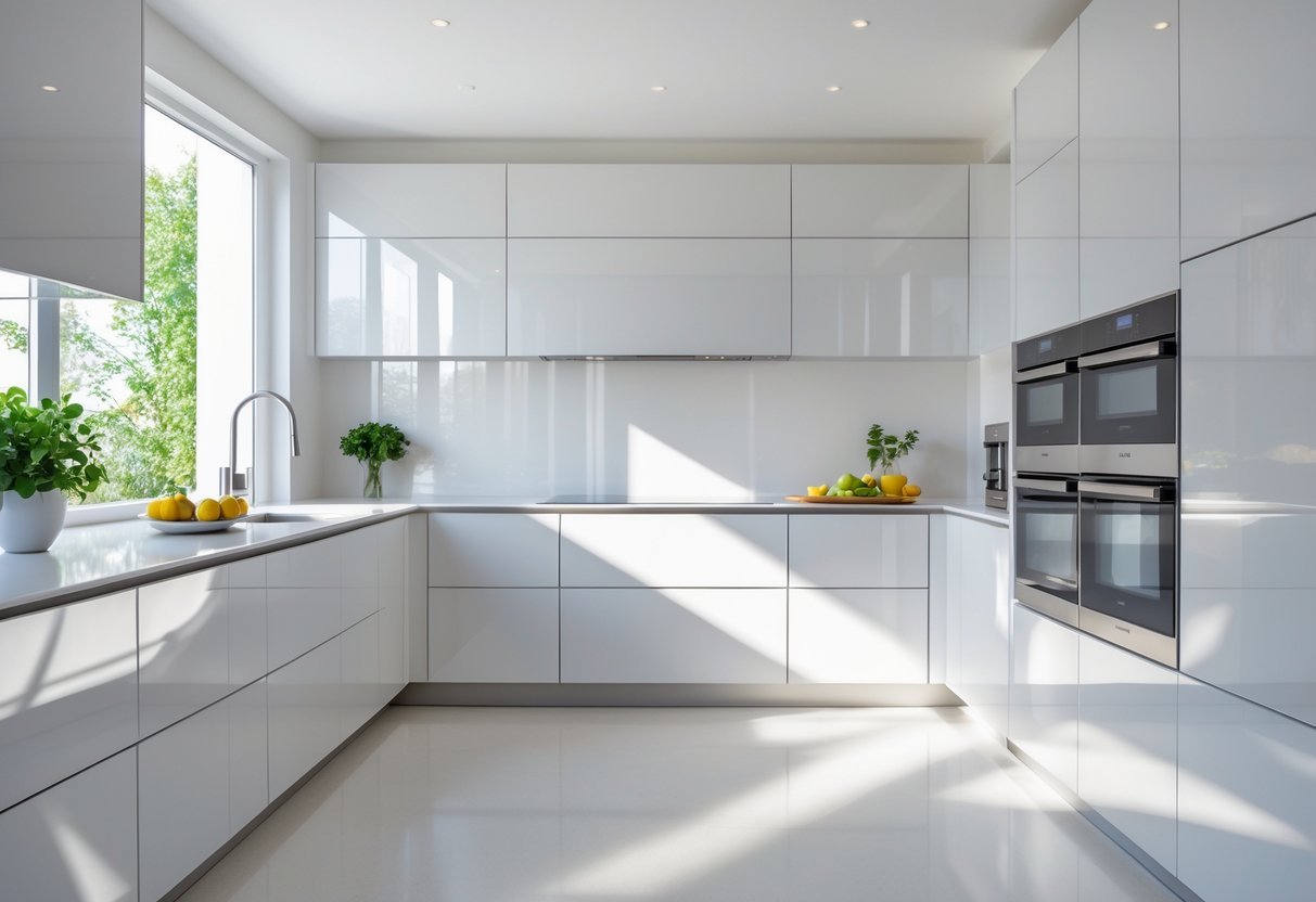 A modern kitchen with shiny lacquered cabinets, clean countertops, and natural light coming through large windows.
