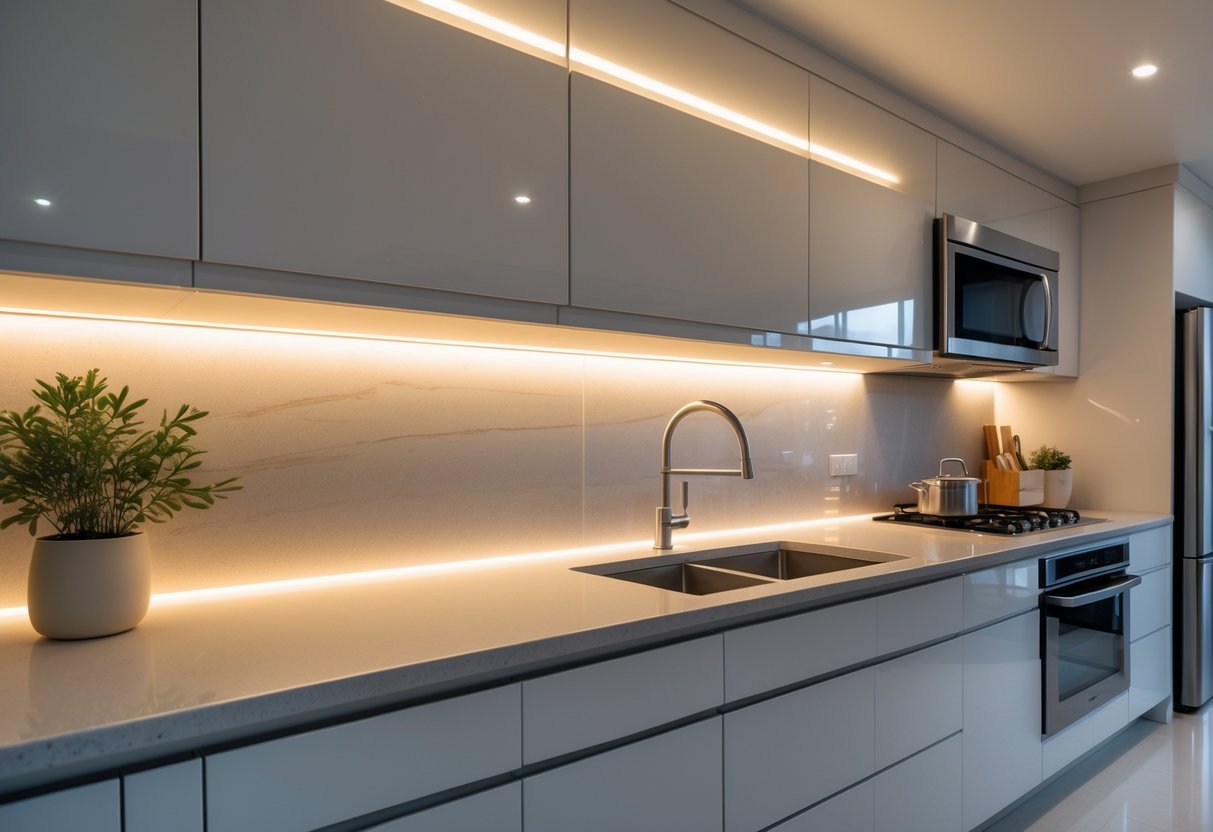 A modern kitchen countertop illuminated by LED strip lighting installed under the upper cabinets.
