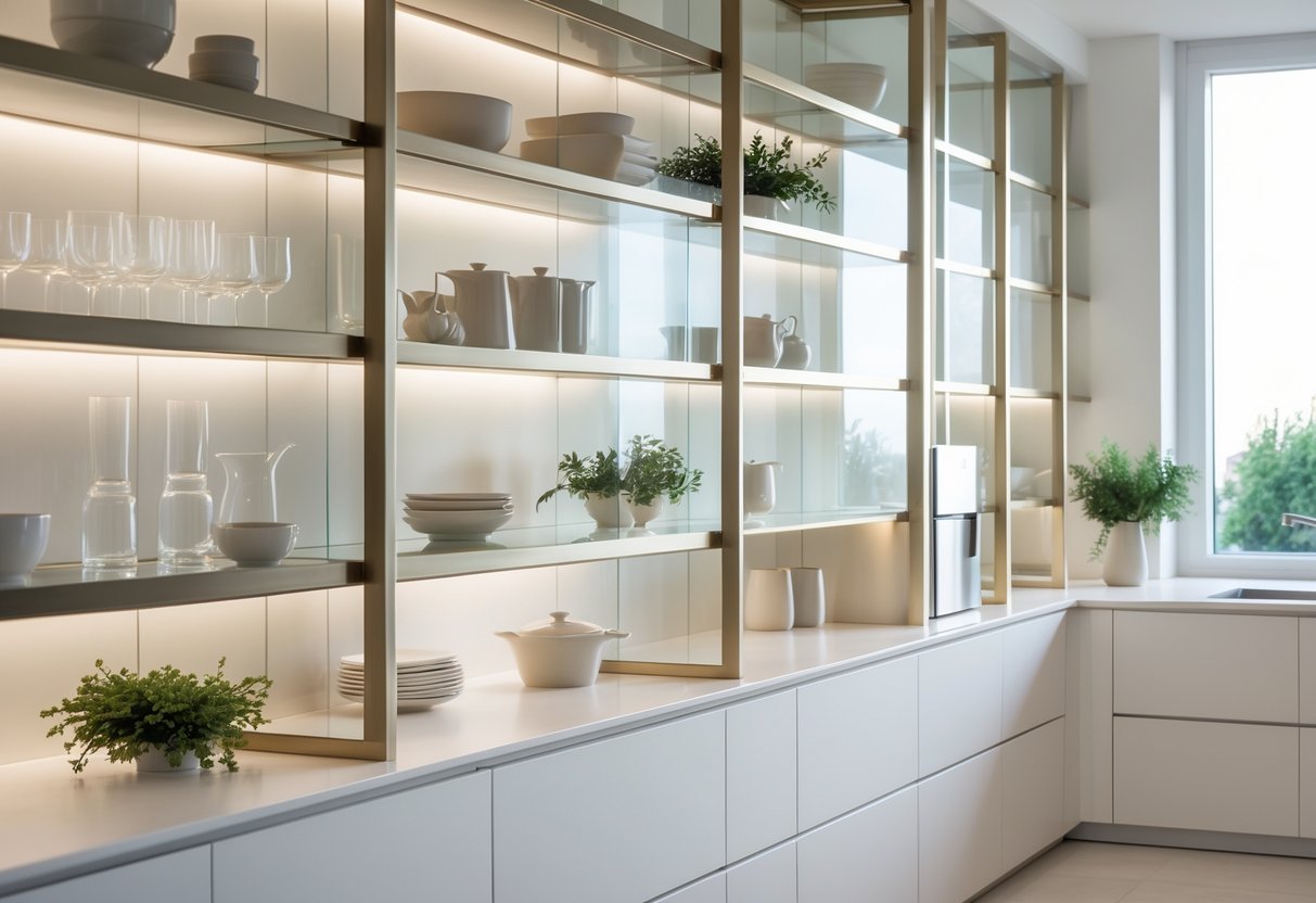 A bright kitchen with open shelves containing glassware and decorative items, smooth countertops, and stainless steel appliances.