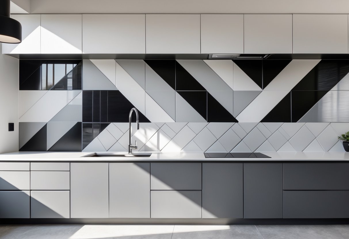 A modern kitchen with a geometric tile backsplash in black, white, and gray tones above a clean countertop with a faucet and built-in appliances.