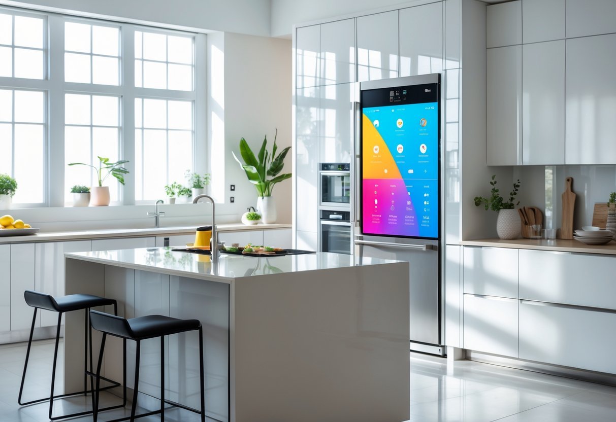 A modern kitchen with a smart refrigerator featuring a large touchscreen interface, surrounded by clean white cabinets and stainless steel appliances.