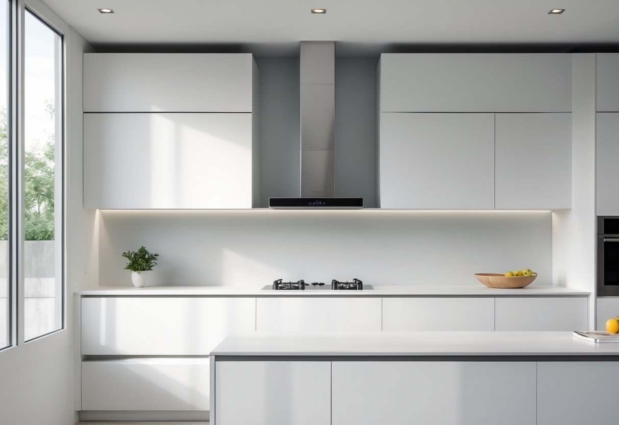 A modern kitchen with a hidden range hood integrated into the cabinetry above a stovetop, featuring clean countertops and natural light.
