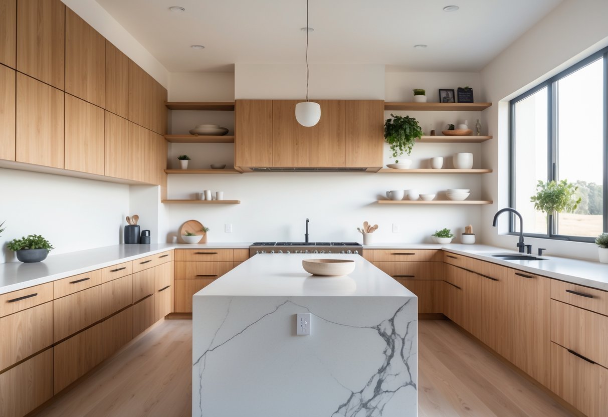 A modern kitchen with natural oak cabinets and white quartz countertops, featuring a kitchen island and bright natural lighting.