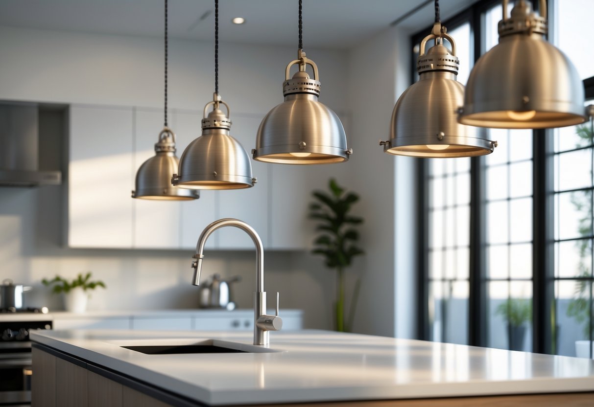 A modern kitchen with pendant lights hanging over a kitchen island and stainless steel appliances in the background.