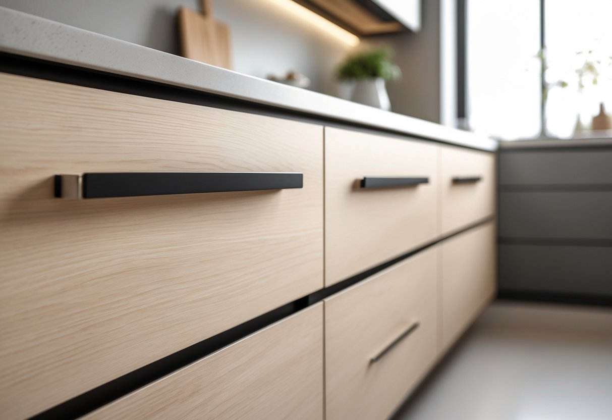 Close-up of light wood kitchen drawers with slim metal handles in a modern kitchen setting.