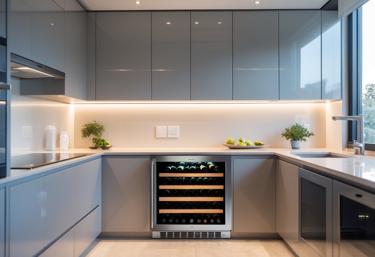 A modern kitchen with a built-in wine cooler integrated into the cabinetry, showing wine bottles inside.