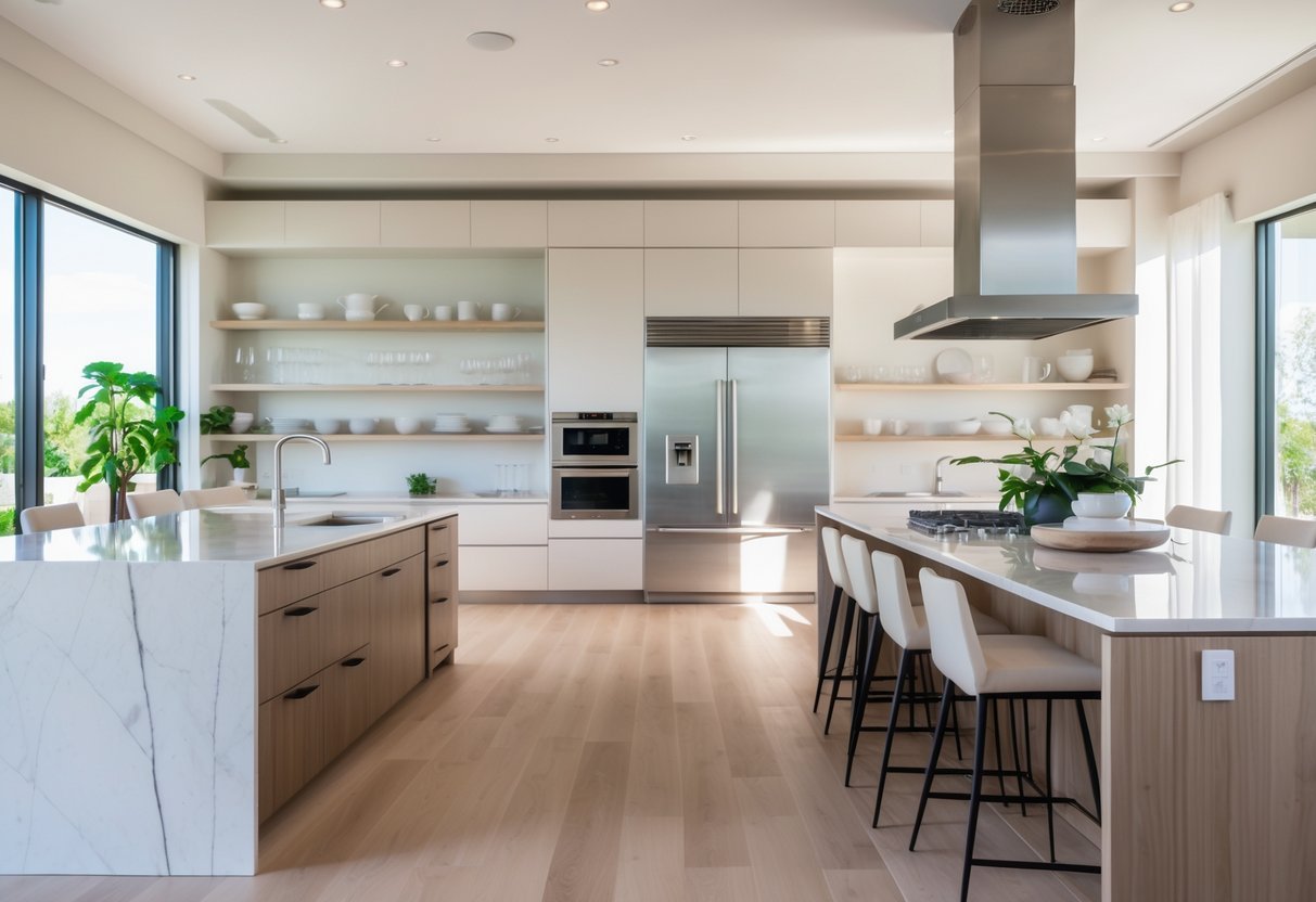 A bright modern kitchen with a large island, stainless steel appliances, and natural light coming through big windows.