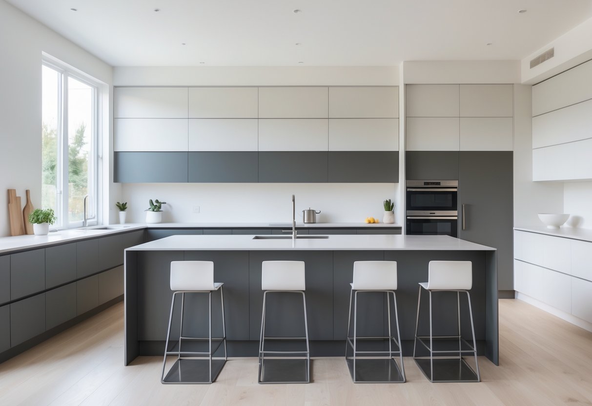 A modern kitchen with two-tone matte cabinets, a central island, bar stools, and large windows letting in natural light.