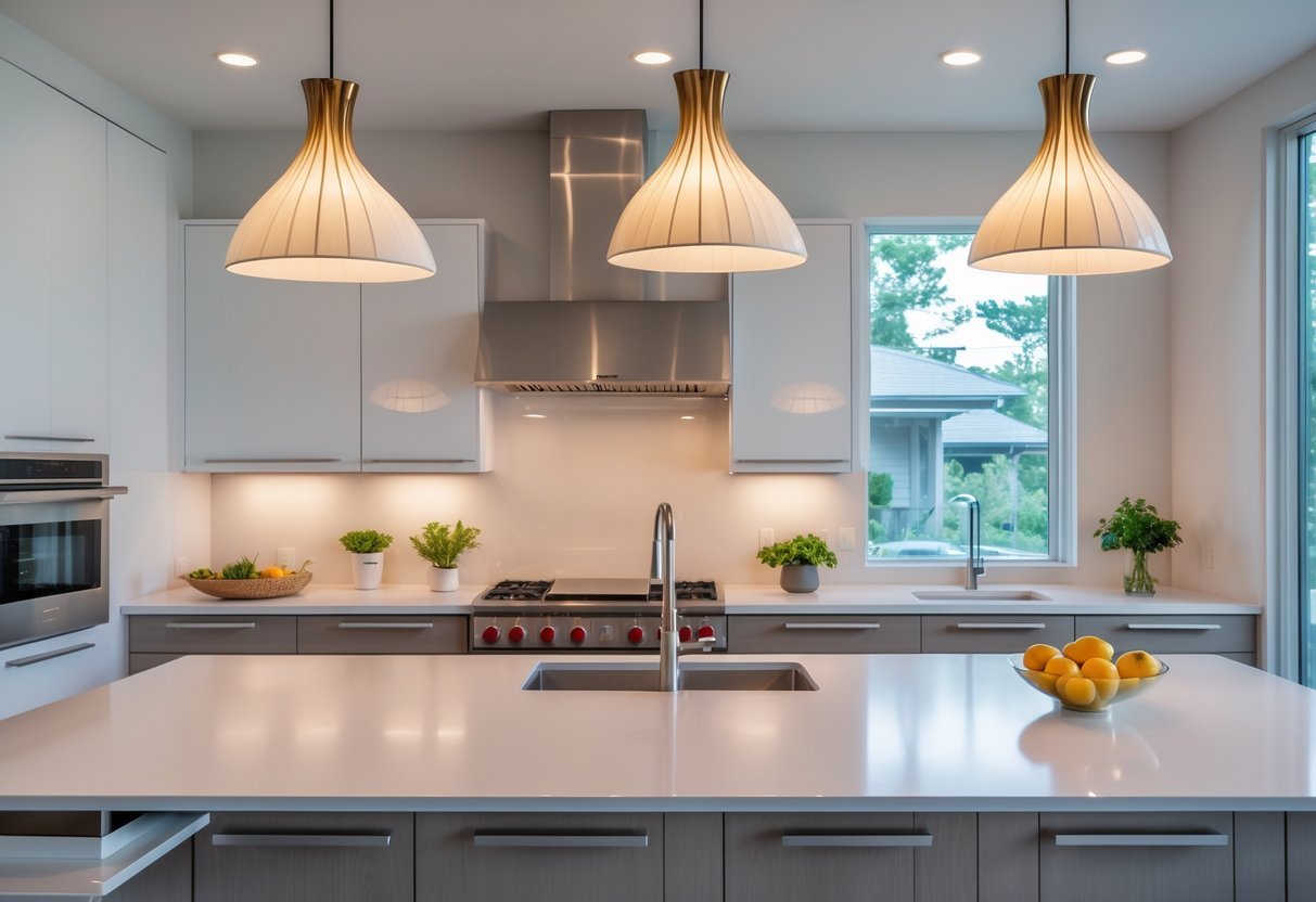 A modern kitchen with a large island and three pendant lights hanging above it.