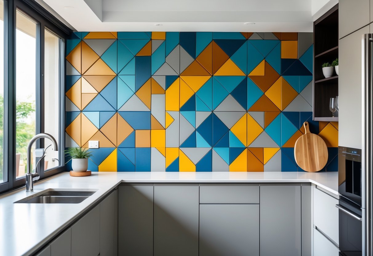 A modern kitchen with a colorful geometric tile backsplash, clean countertops, and stainless steel appliances.