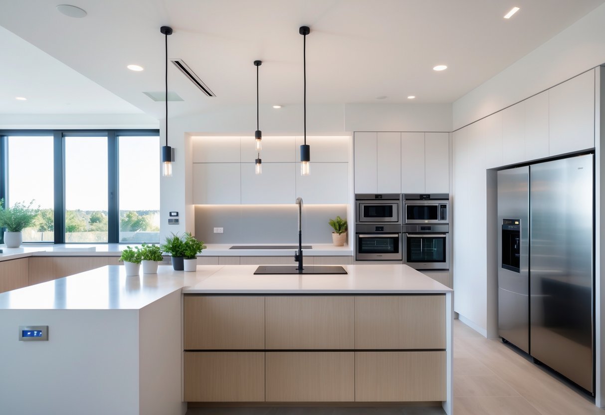 A modern kitchen with integrated smart appliances including a built-in oven, refrigerator, and induction cooktop, featuring a large island and natural light.