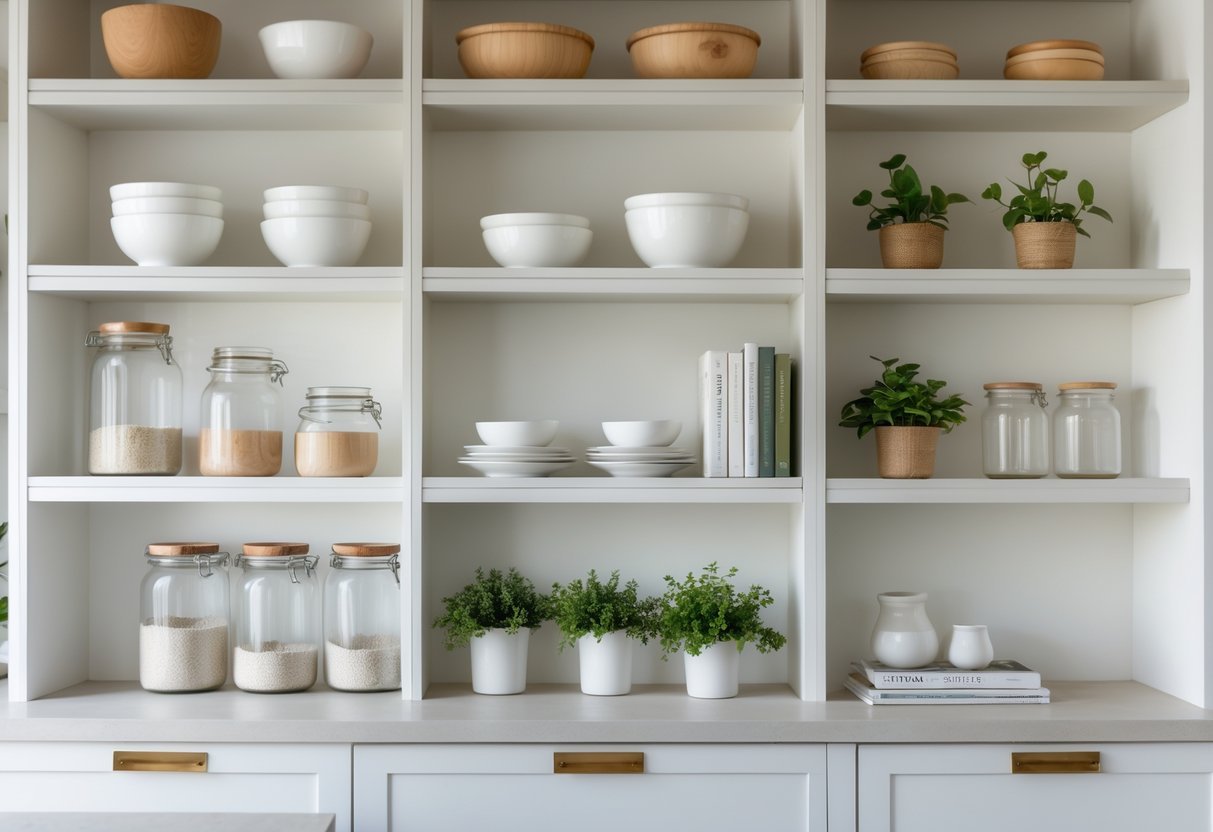 Open kitchen shelves with neatly arranged bowls, jars, plants, and cookbooks in a clean kitchen setting.