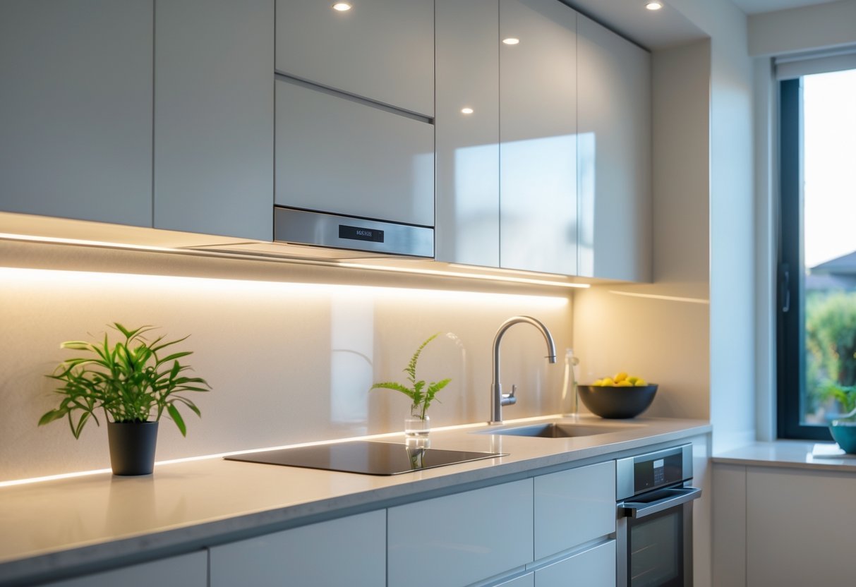 A modern kitchen with concealed under-cabinet LED lighting illuminating the countertop beneath sleek upper cabinets.