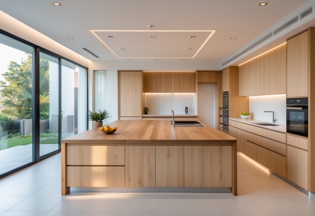 A bright modern kitchen with wooden cabinets, a wooden countertop island, stainless steel appliances, and natural light coming through large windows.